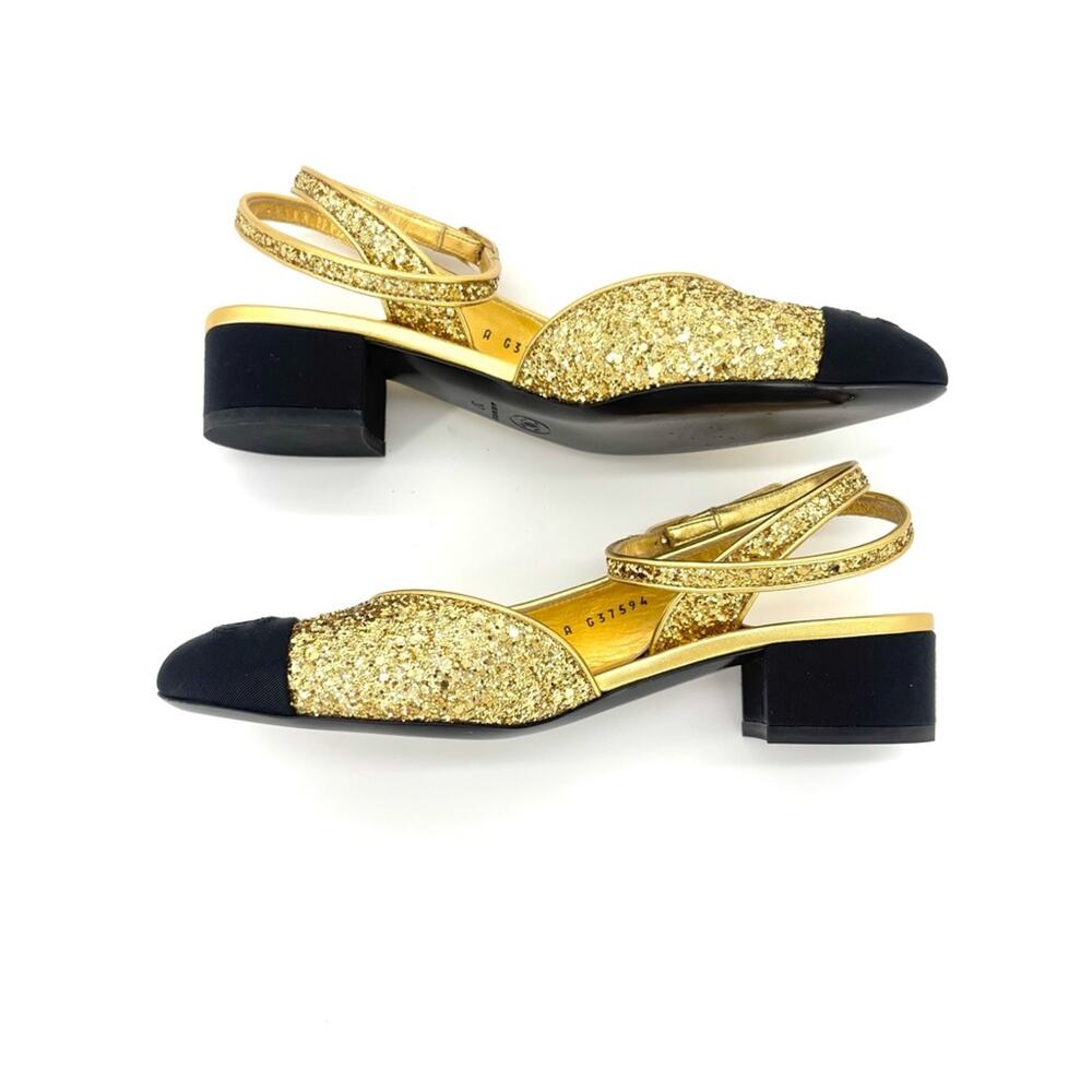 Chanel CC Logo Glitter and Grosgrain Cap Toe Slingback Platform Heel Pumps 37 - Picture 7 of 10